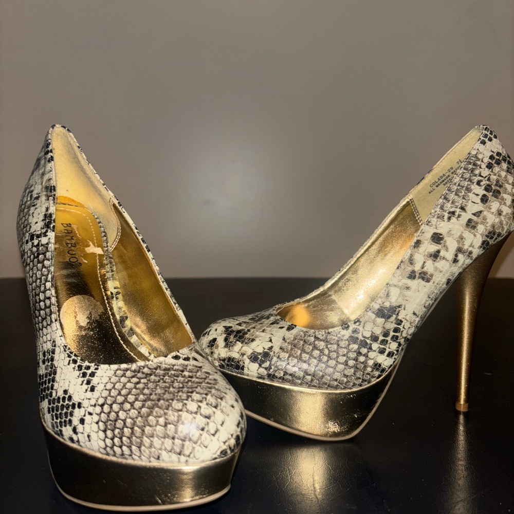 BAMBOO Black and Cream Snakeskin Platform Heels